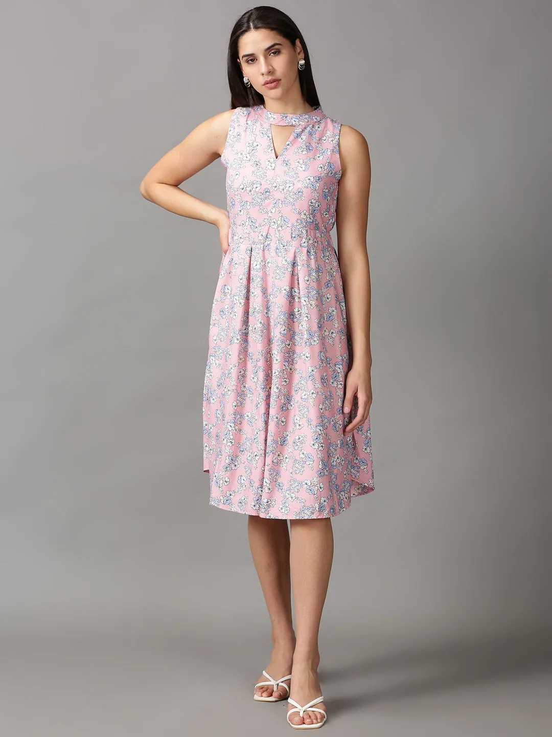 Urban Spirit Women's Pink Floral Keyhole Neck A-Line Dress
