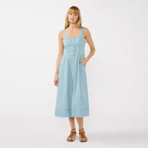 Minimalist Style Contemporary Waist Square Neck Button Down Corset Midi Dress (Light Wash)