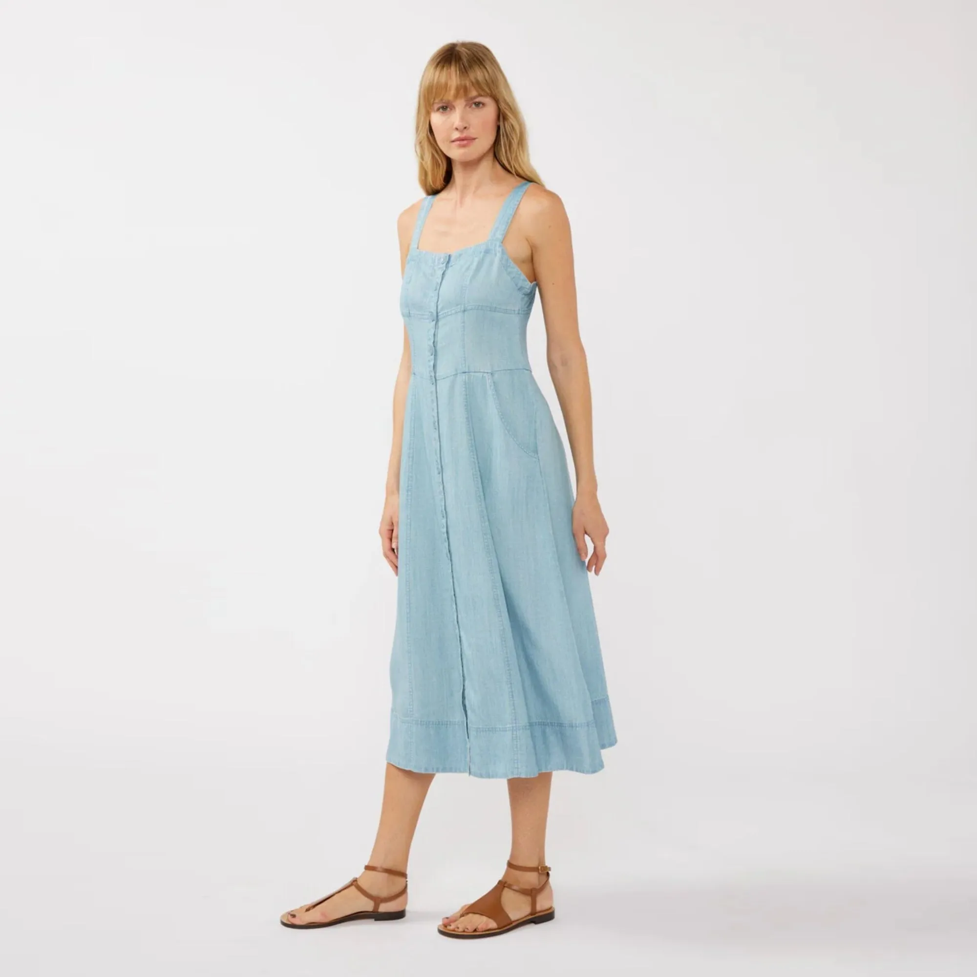 Square Neck Button Down Corset Midi Dress (Light Wash) Chic Spirit Trendy pick