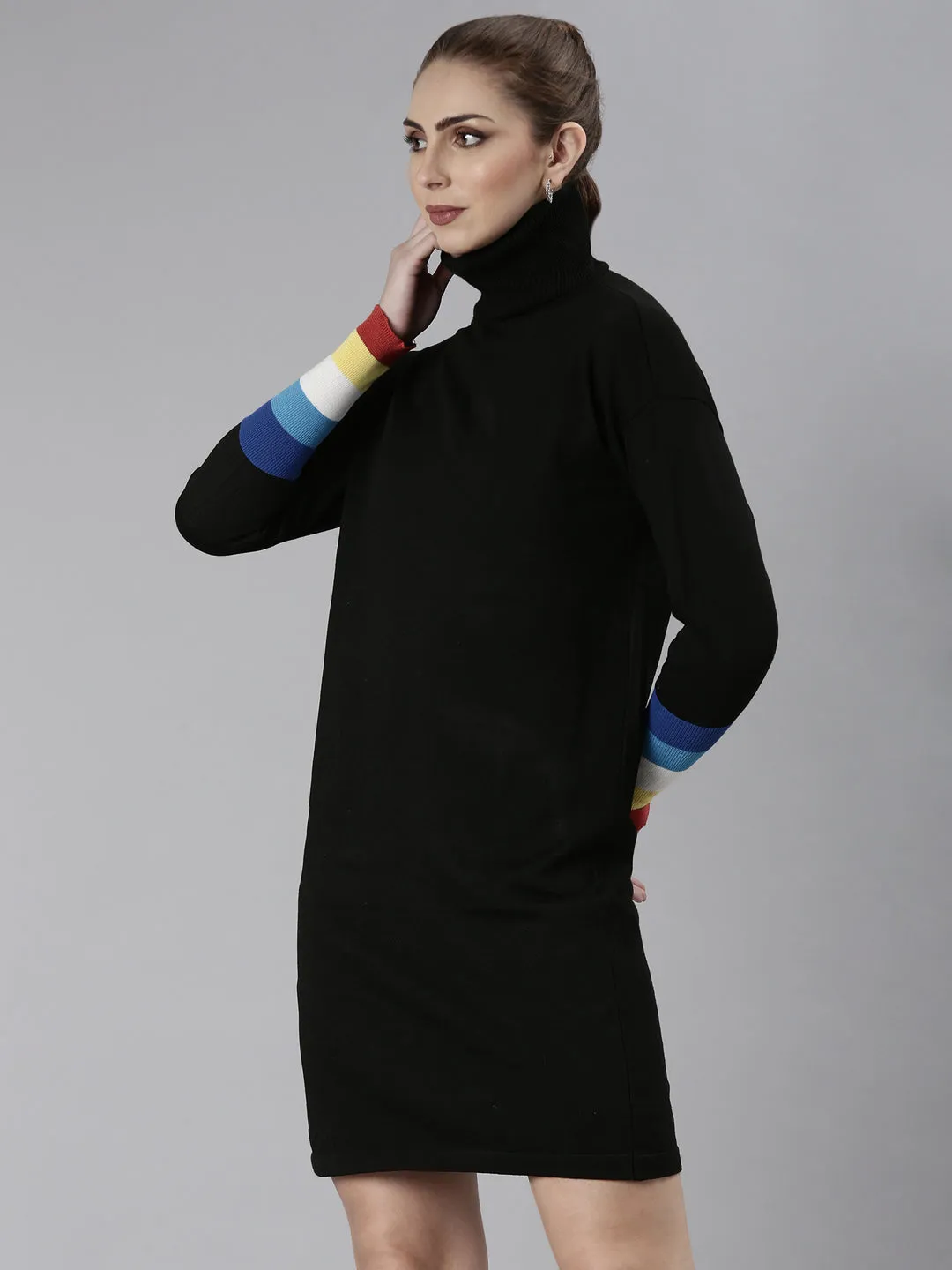 Glossy Detail Women's Black High Neck Bodycon Dress