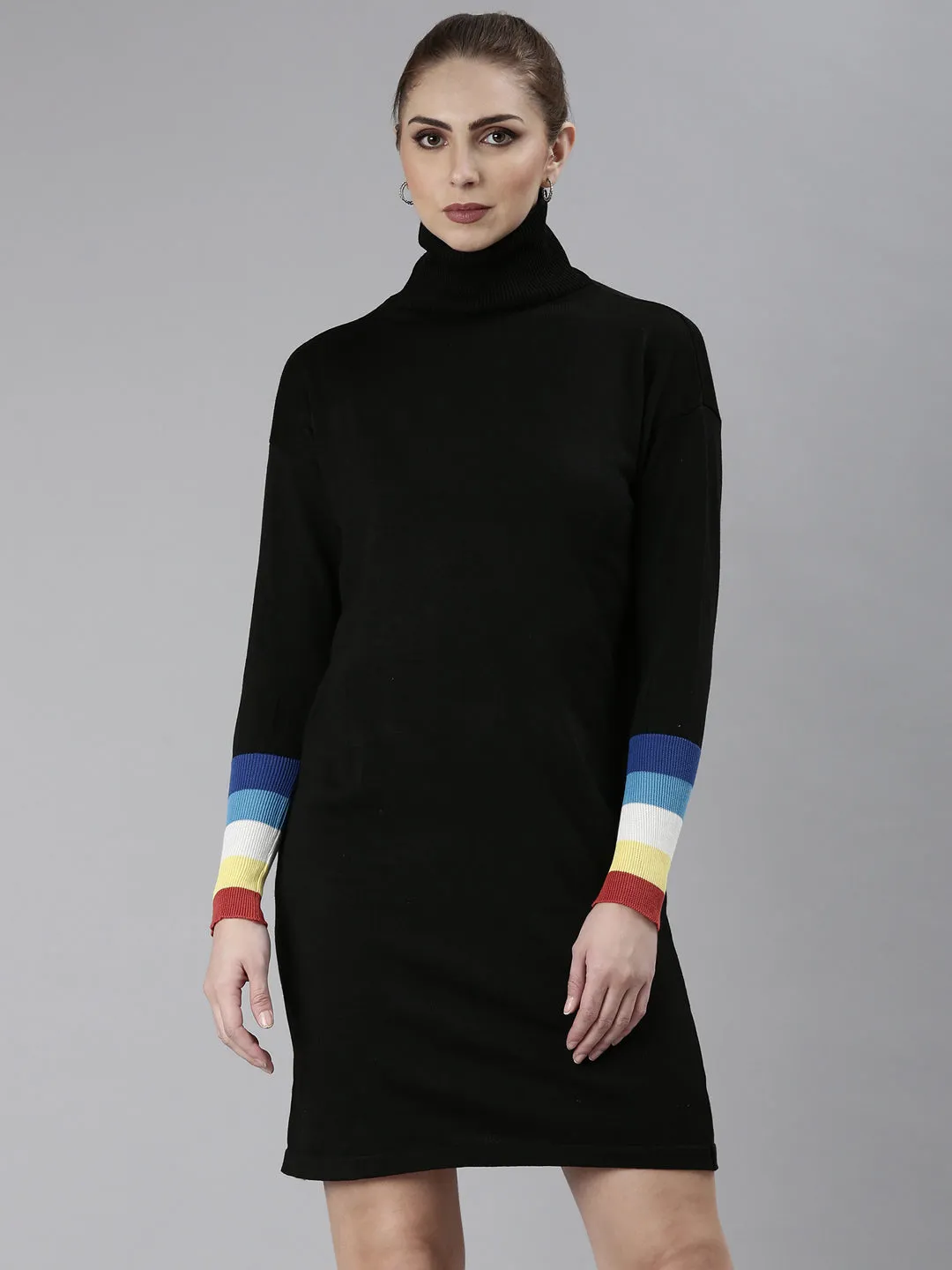 Classic Layers Sophisticated Waist Women's Black High Neck Bodycon Dress