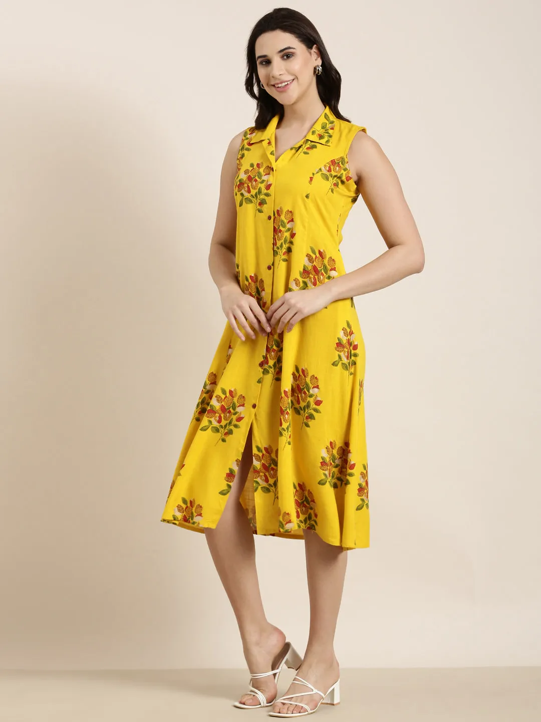 Women's Mustard A-Line Floral Dress Romantic date dress Full Coverage