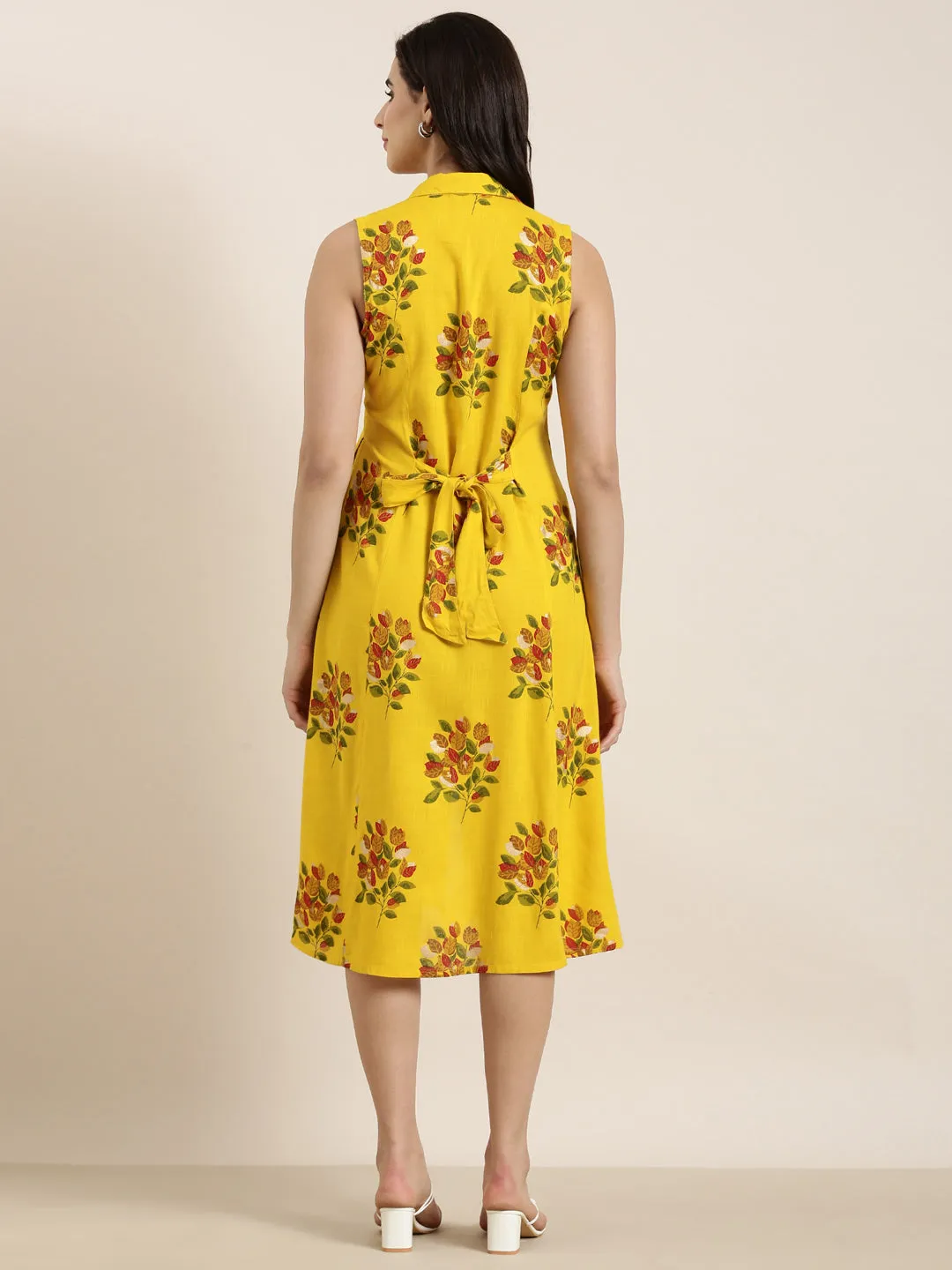Women's Mustard A-Line Floral Dress Fall Outfit Summer Soft
