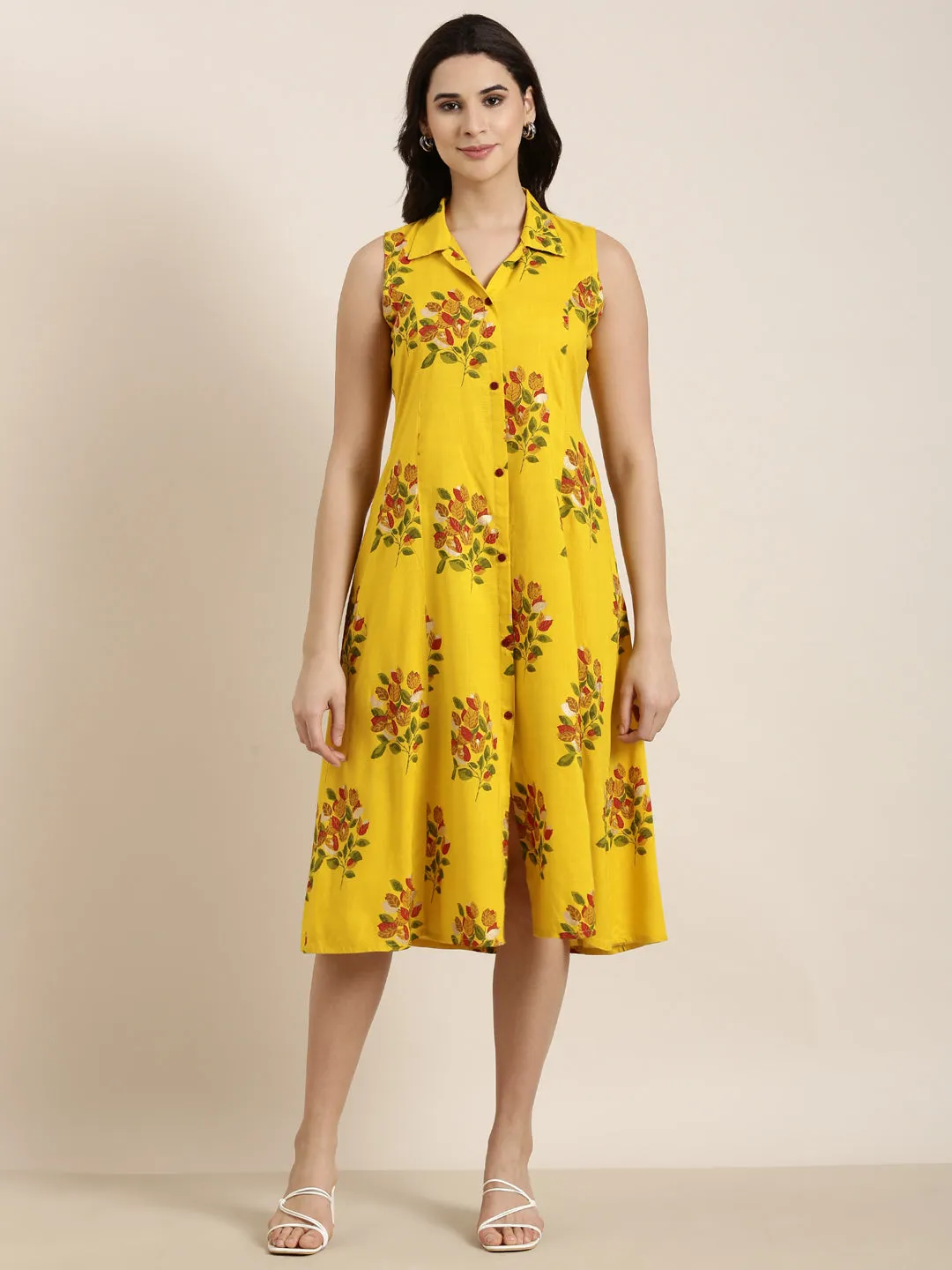 Women's Mustard A-Line Floral Dress Fall Piece Shade Soft