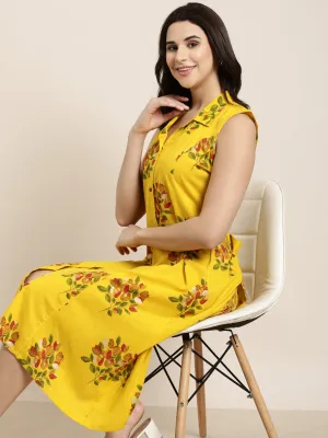 Anti-bacterial Elegant Wearable Women's Mustard A-Line Floral Dress