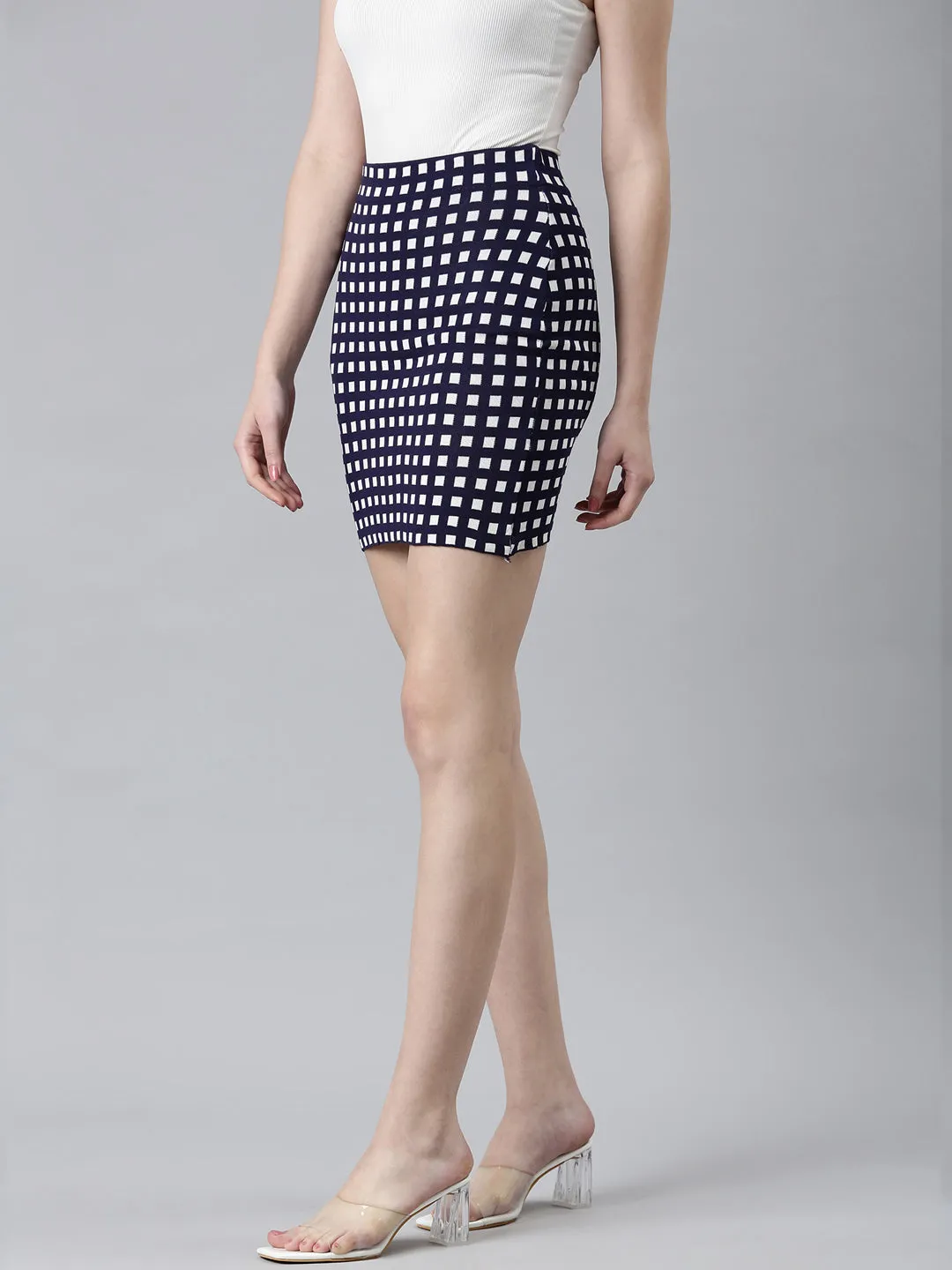 Women's Navy Blue Geometrical Pencil Skirt Shirred Back