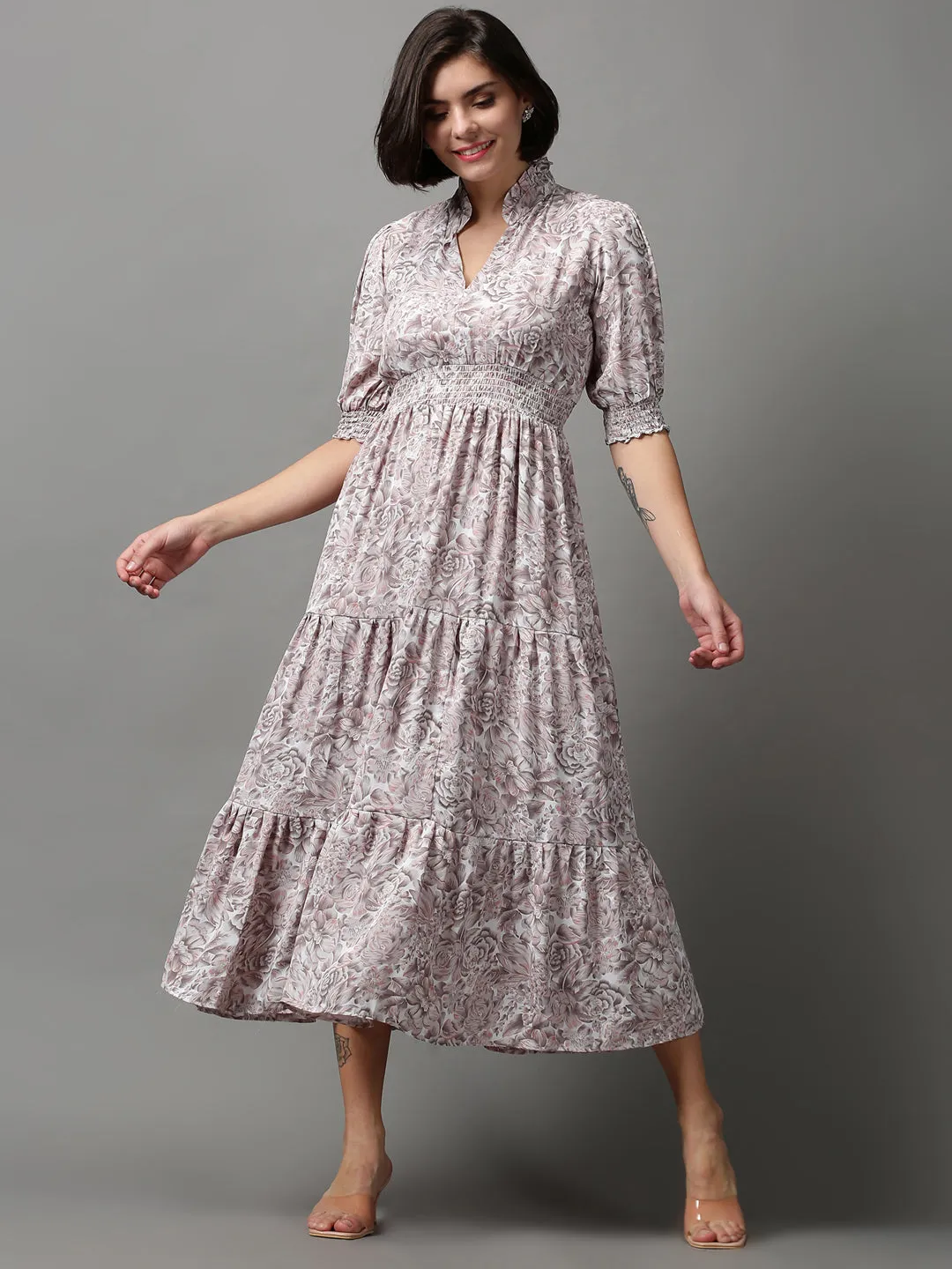 Women's Grey Floral Crepe Midi Dress Deep Hue Everyday Comfort Wear