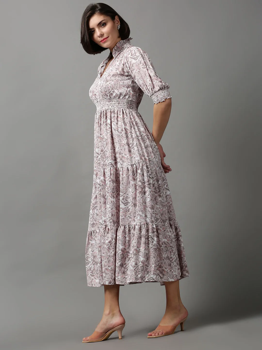 CrinkleResistantWeave Classic Flow Women's Grey Floral Crepe Midi Dress