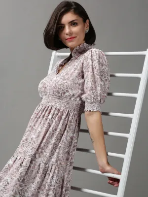 Women's Grey Floral Crepe Midi Dress Sophisticated Vibe