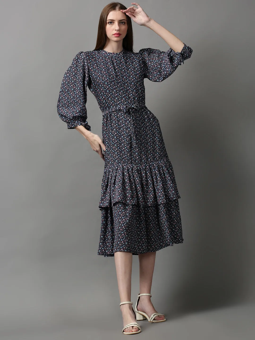 Women's Navy Blue Floral Crepe A-Line Midi Dress Effortless Mood