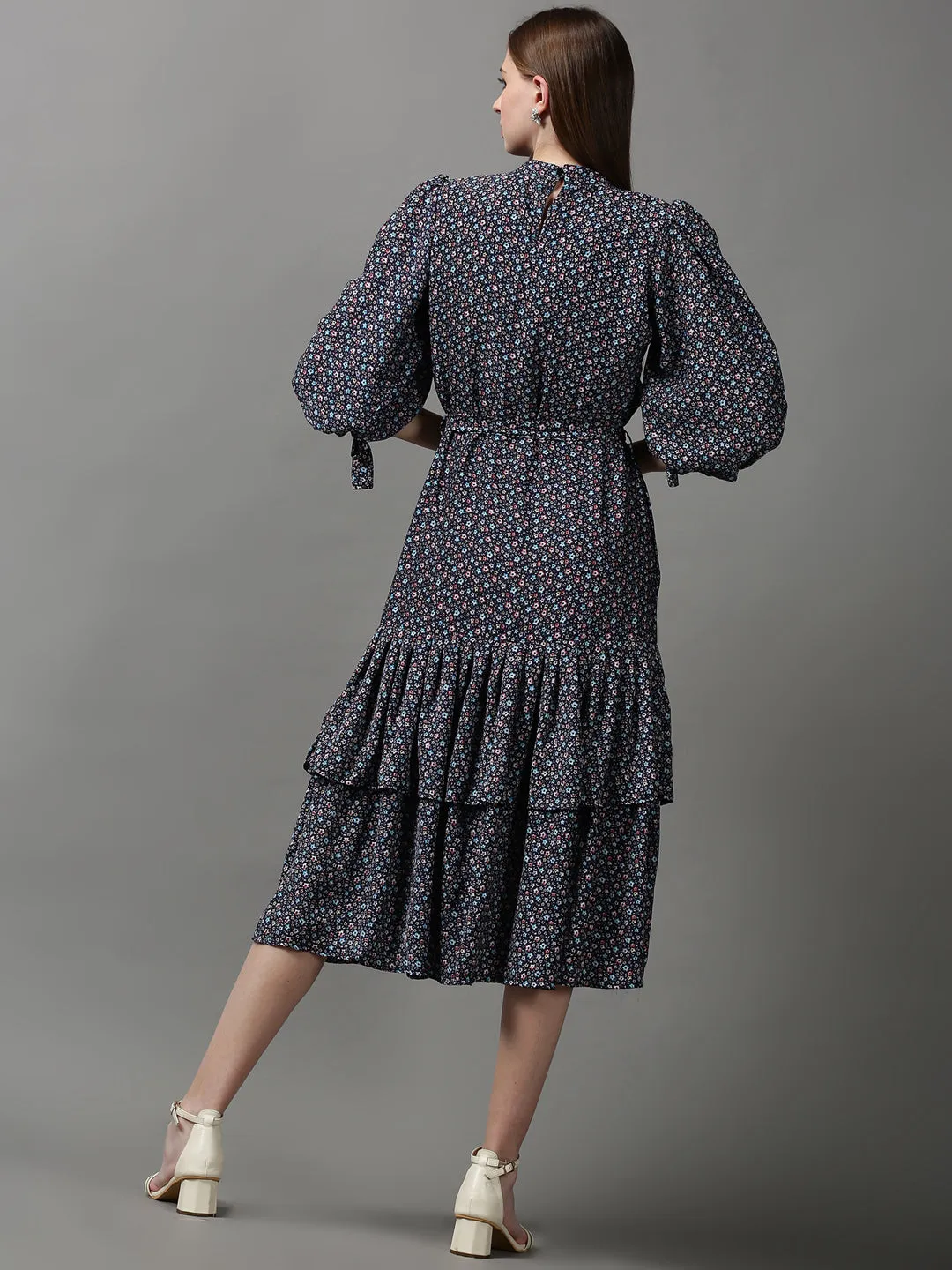 Women's Navy Blue Floral Crepe A-Line Midi Dress Formal Outfit Lounge Comfort