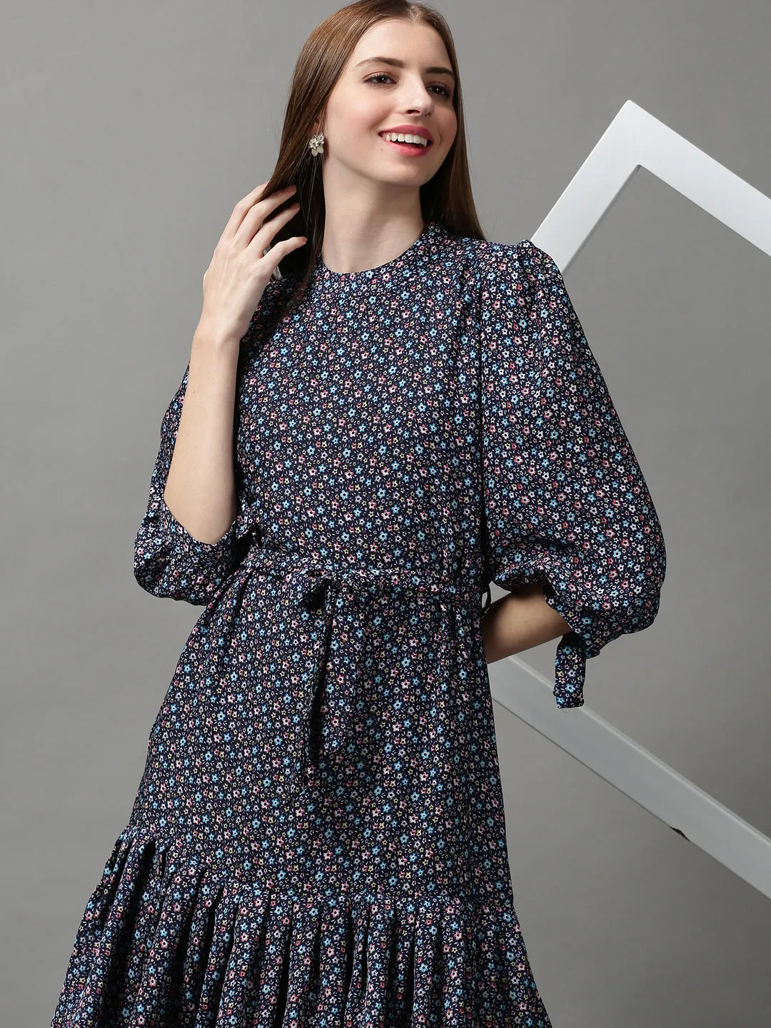 Flattering bodycon dress Sleek Wear Women's Navy Blue Floral Crepe A-Line Midi Dress