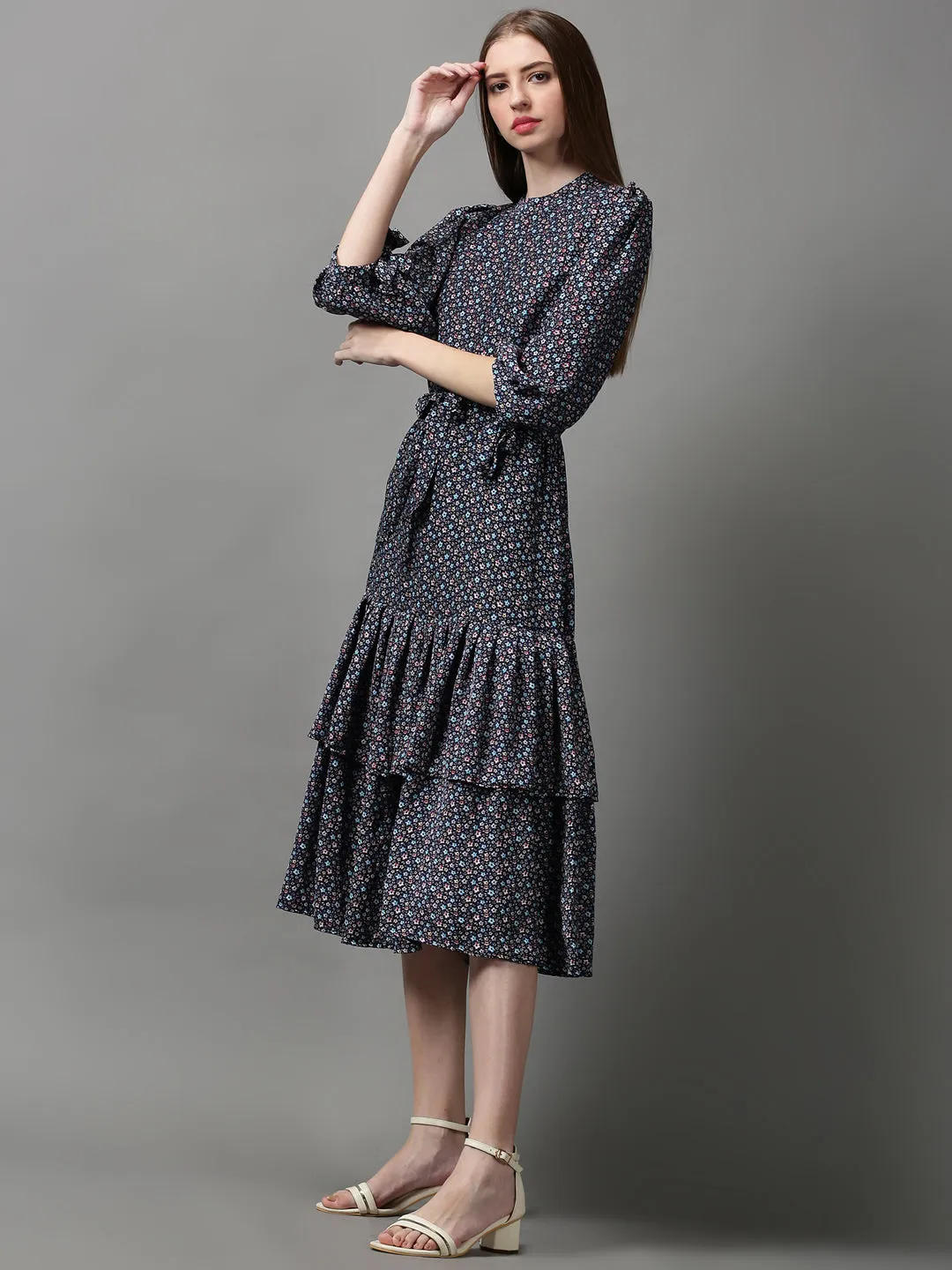 Feminine full-length gown Breathable Design Women's Navy Blue Floral Crepe A-Line Midi Dress