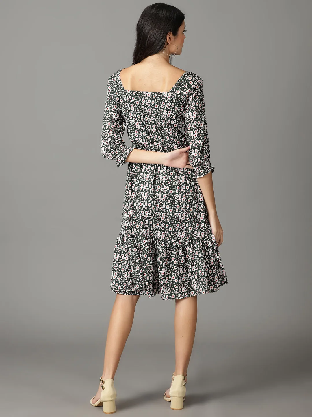 Women's Olive Printed Square Neck A-Line Dress Comfortable Wear