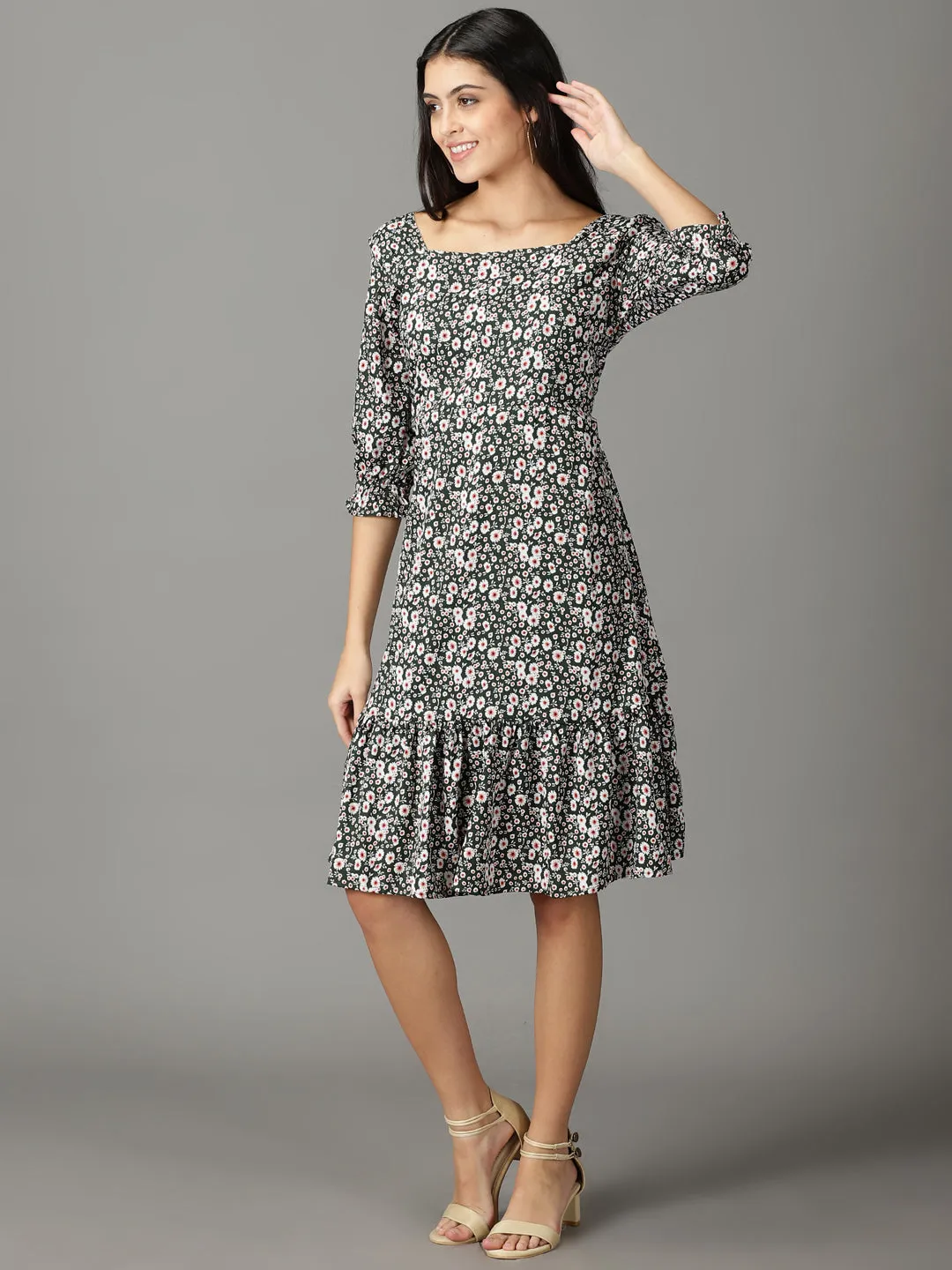 Sleek Touch Women's Olive Printed Square Neck A-Line Dress
