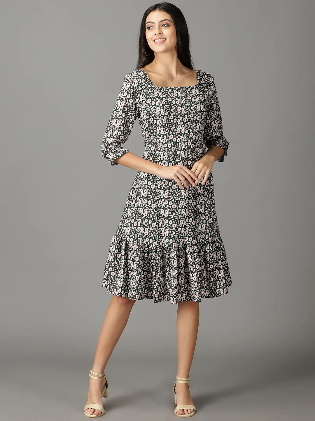 Soft cotton blend dress Silky Shine Women's Olive Printed Square Neck A-Line Dress