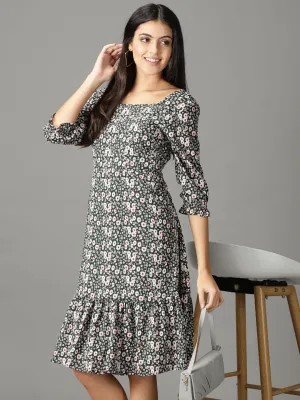 Women's Olive Printed Square Neck A-Line Dress Garden Scene
