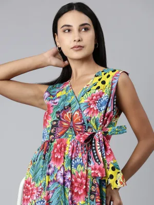 Versatile and Comfortable Night Charm Women's Multi V-Neck Floral Printed Gathered Midi Wrap Dress