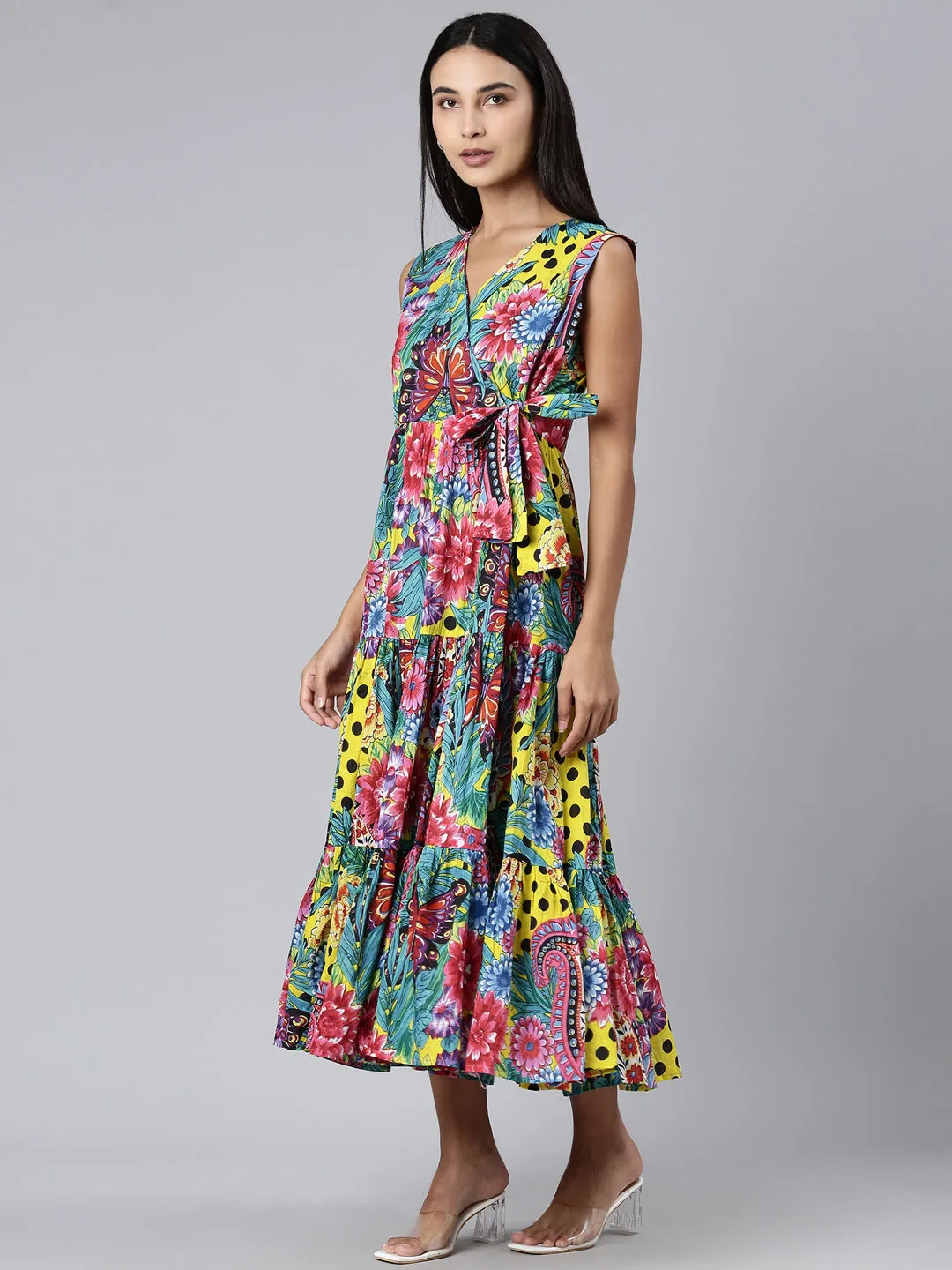 Women's Multi V-Neck Floral Printed Gathered Midi Wrap Dress Draped Layer Farm Scene