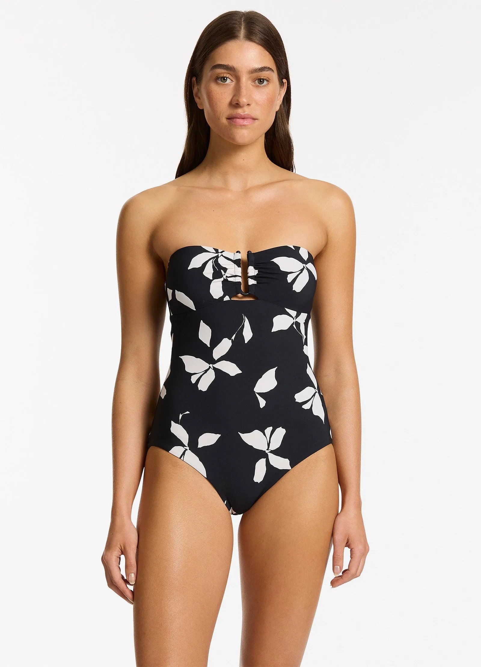 Glossy-Texture Elora Bloom Bandeau One Piece - Black