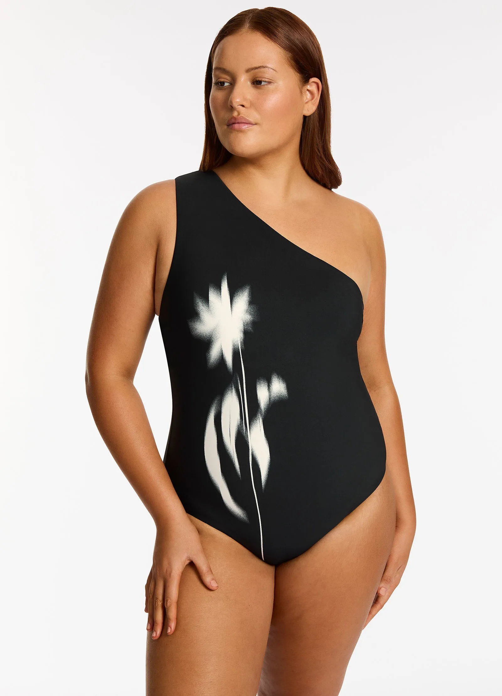 Elora One Shoulder One Piece - Black Lightweight Mesh Active Wear