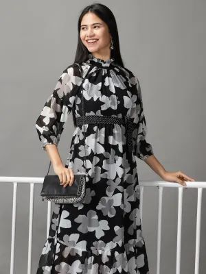 Satin Fabric Women's Black Floral Layered Chiffon Fit & Flare Dress