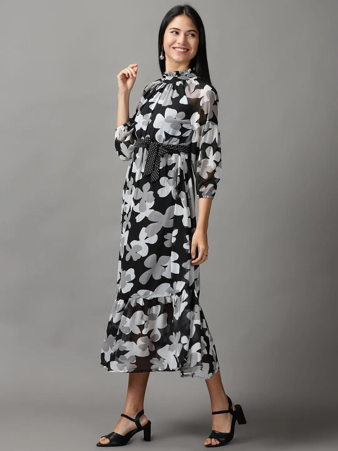 Smooth Outline Sunset Hour Women's Black Floral Layered Chiffon Fit & Flare Dress