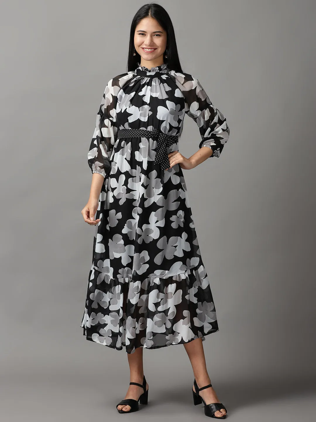 Women's Black Floral Layered Chiffon Fit & Flare Dress Trendy Tailoring