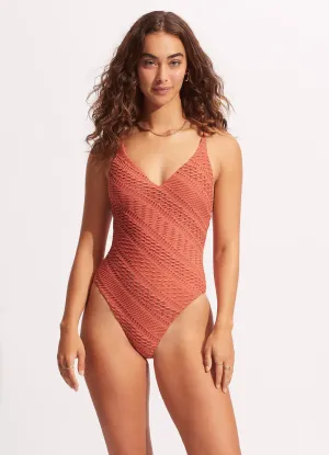 Mesh Detail Marrakesh V Neck One Piece - Cinnamon