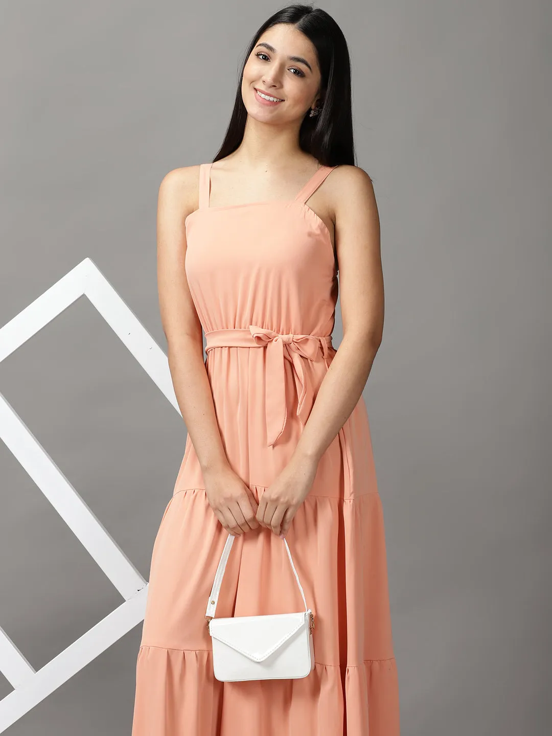 Women's Peach Shoulder Straps Fit & Flare Maxi Dress Feminine Cut