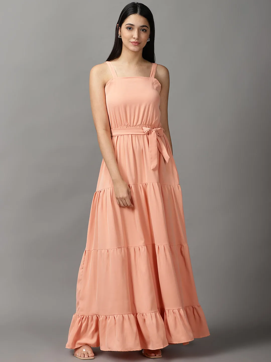 Women's Peach Shoulder Straps Fit & Flare Maxi Dress Sunset Look