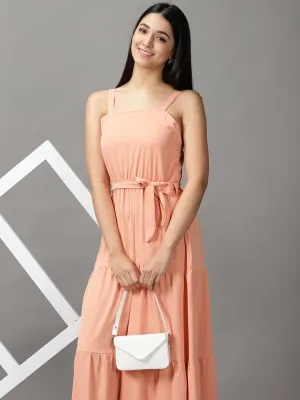 Women's Peach Shoulder Straps Fit & Flare Maxi Dress Feminine Cut