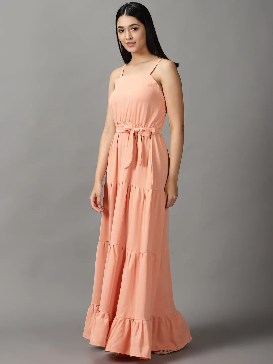 Perfectly Tailored Urban Touch Women's Peach Shoulder Straps Fit & Flare Maxi Dress