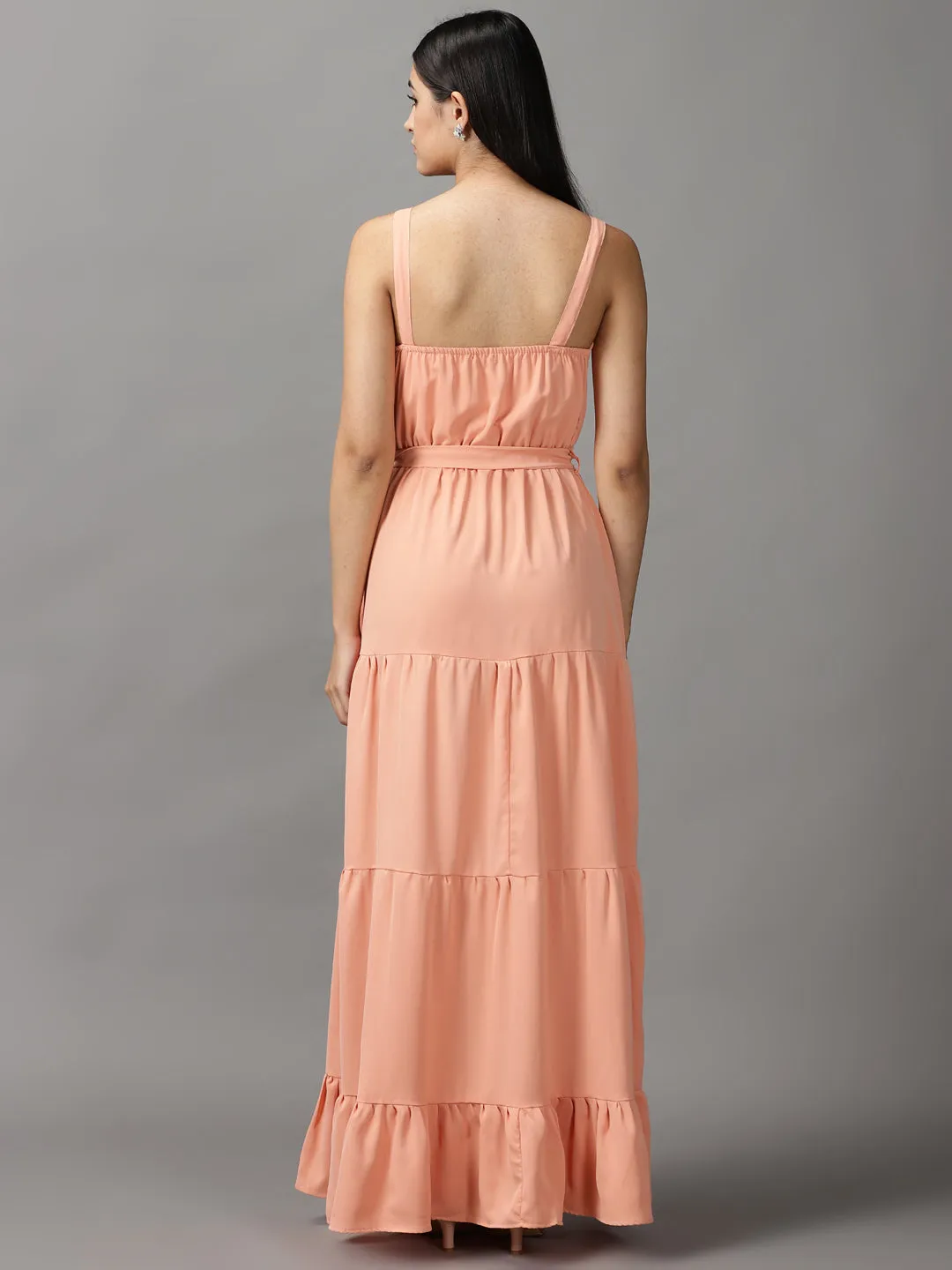 Women's Peach Shoulder Straps Fit & Flare Maxi Dress Bright Mood