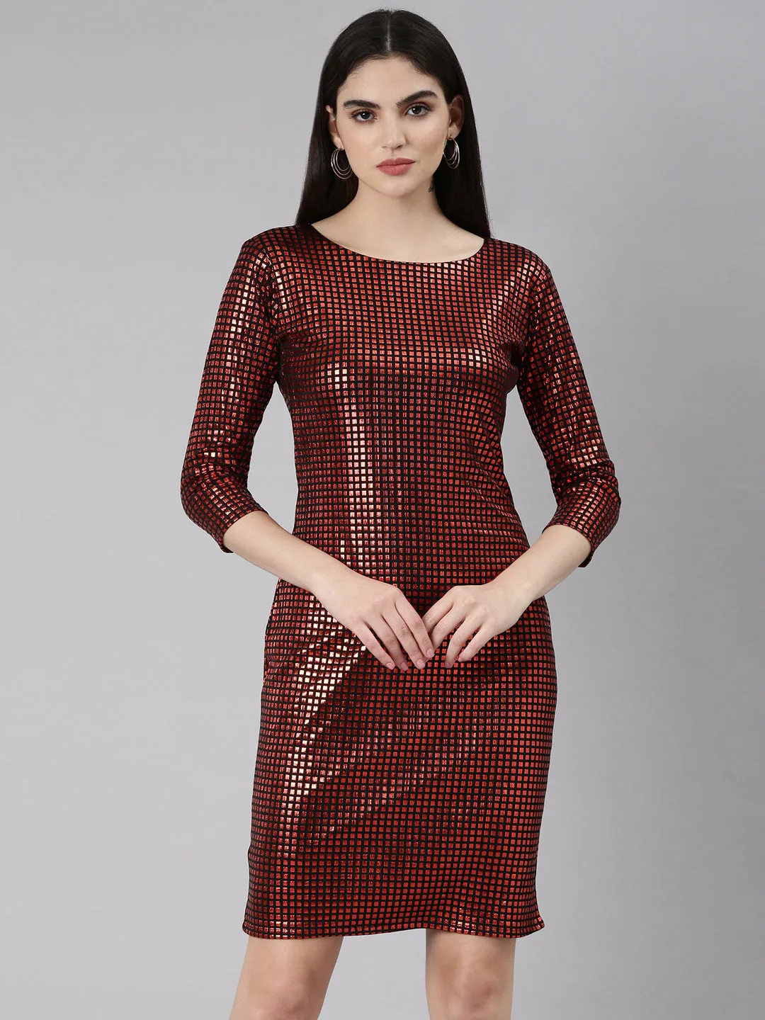 Women's Red Checked Sheath Party Dress Everyday-Use