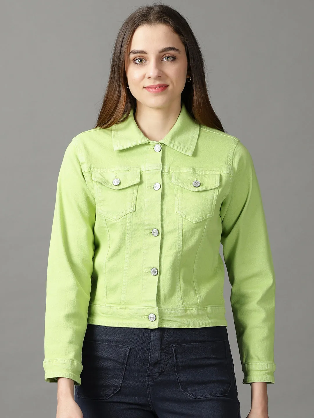 Anti Slip Shoulder Women's Green Denim Jacket
