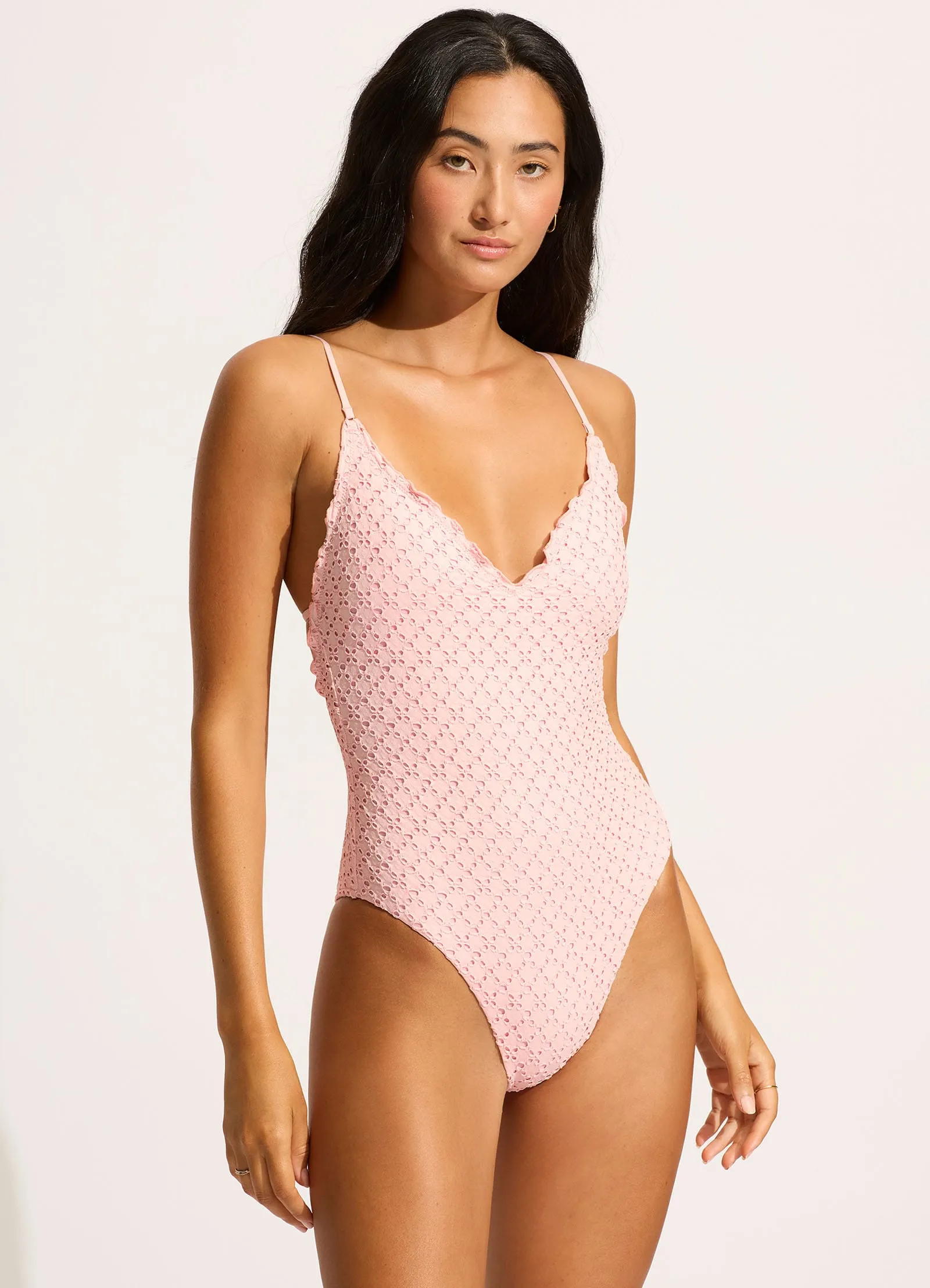 Poolside Swim Torsion Control Padding Daydreamer V Neck One Piece - Dusty Pink