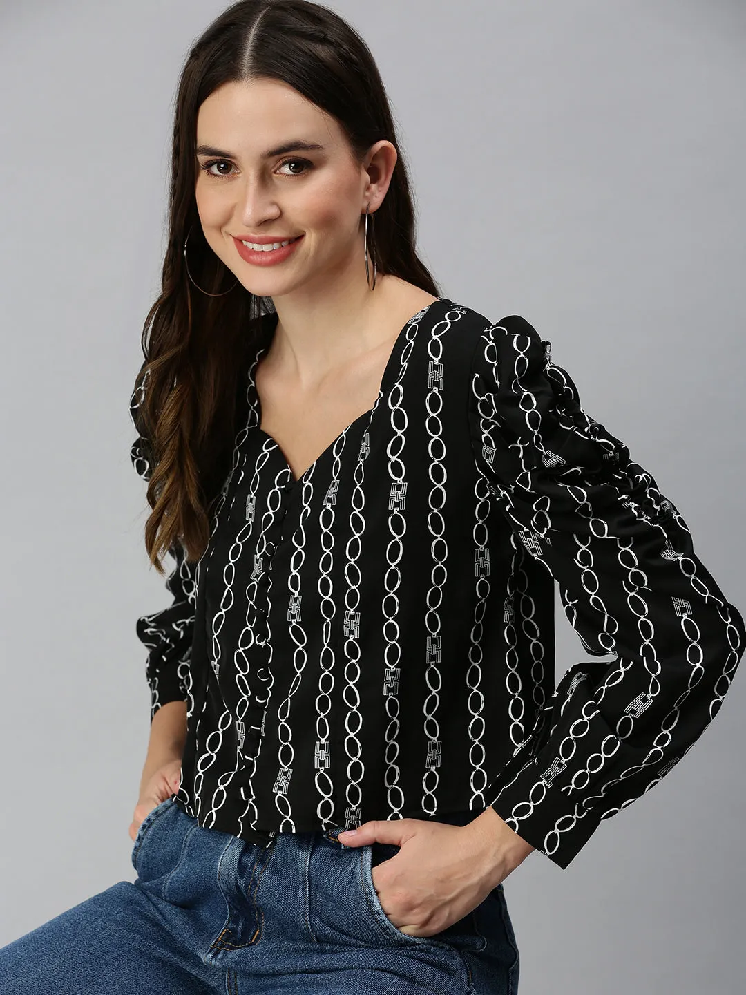 Women's Black Geometric Printed Sweetheart Neck Crepe Top Embroidered