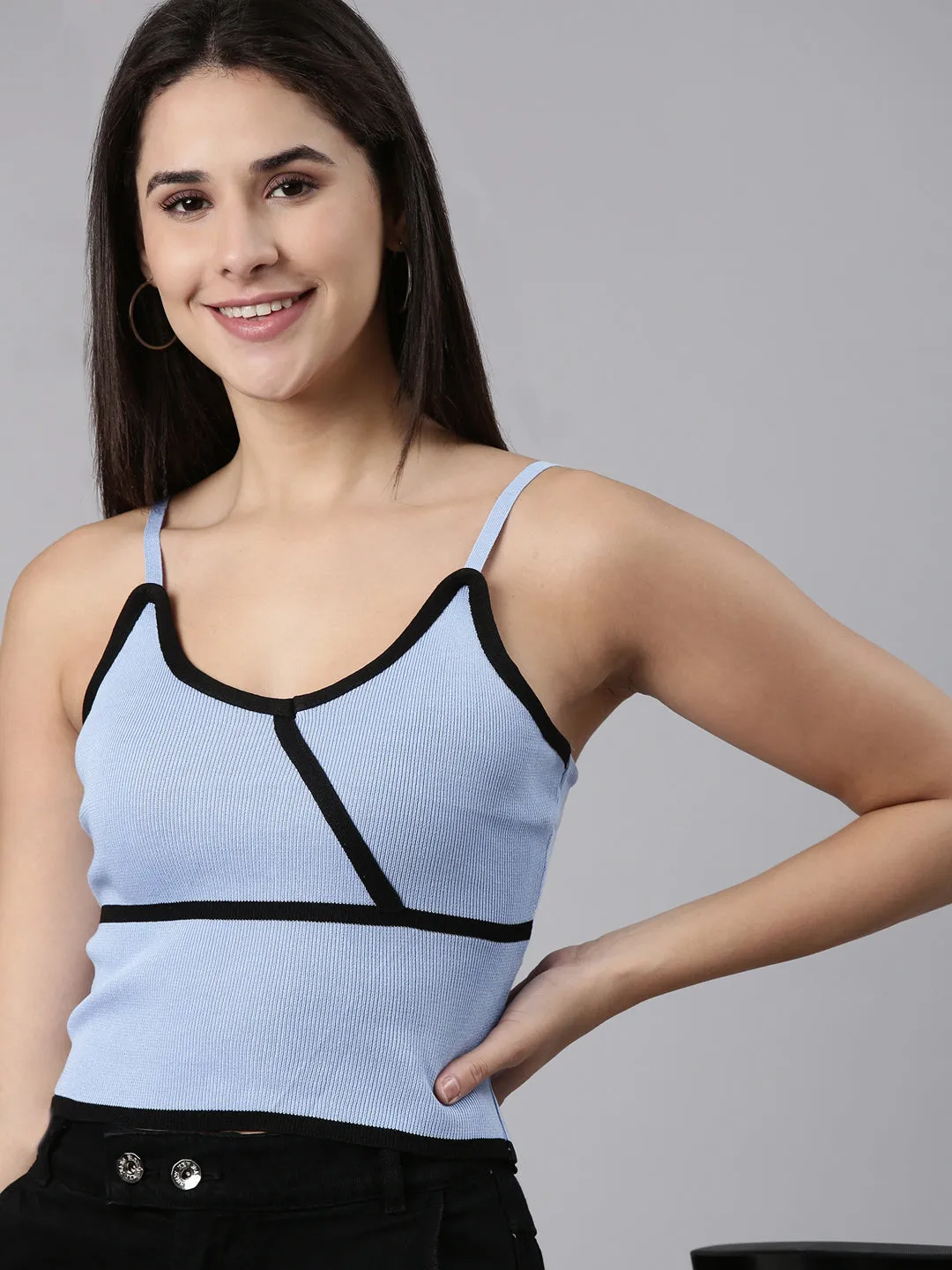 Lightweight Design Chafe Free Armhole Women's Blue Acrylic Shoulder Straps Fitted Top