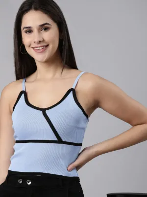 Lightweight Design Chafe Free Armhole Women's Blue Acrylic Shoulder Straps Fitted Top