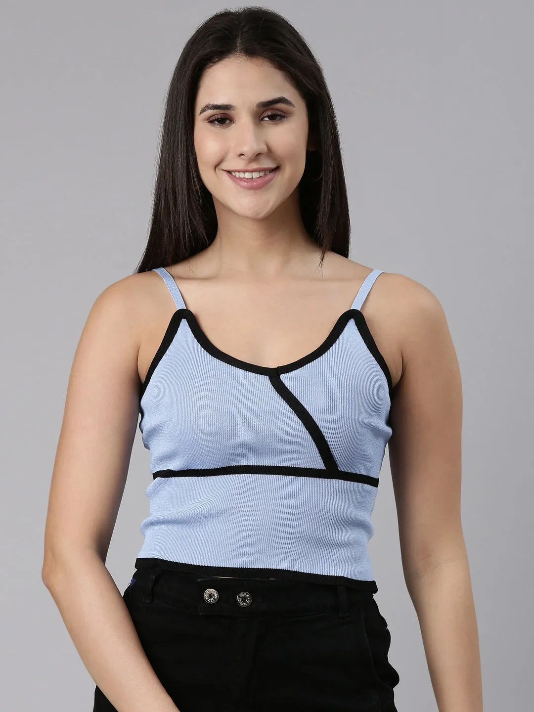 Sporty Layer Women's Blue Acrylic Shoulder Straps Fitted Top