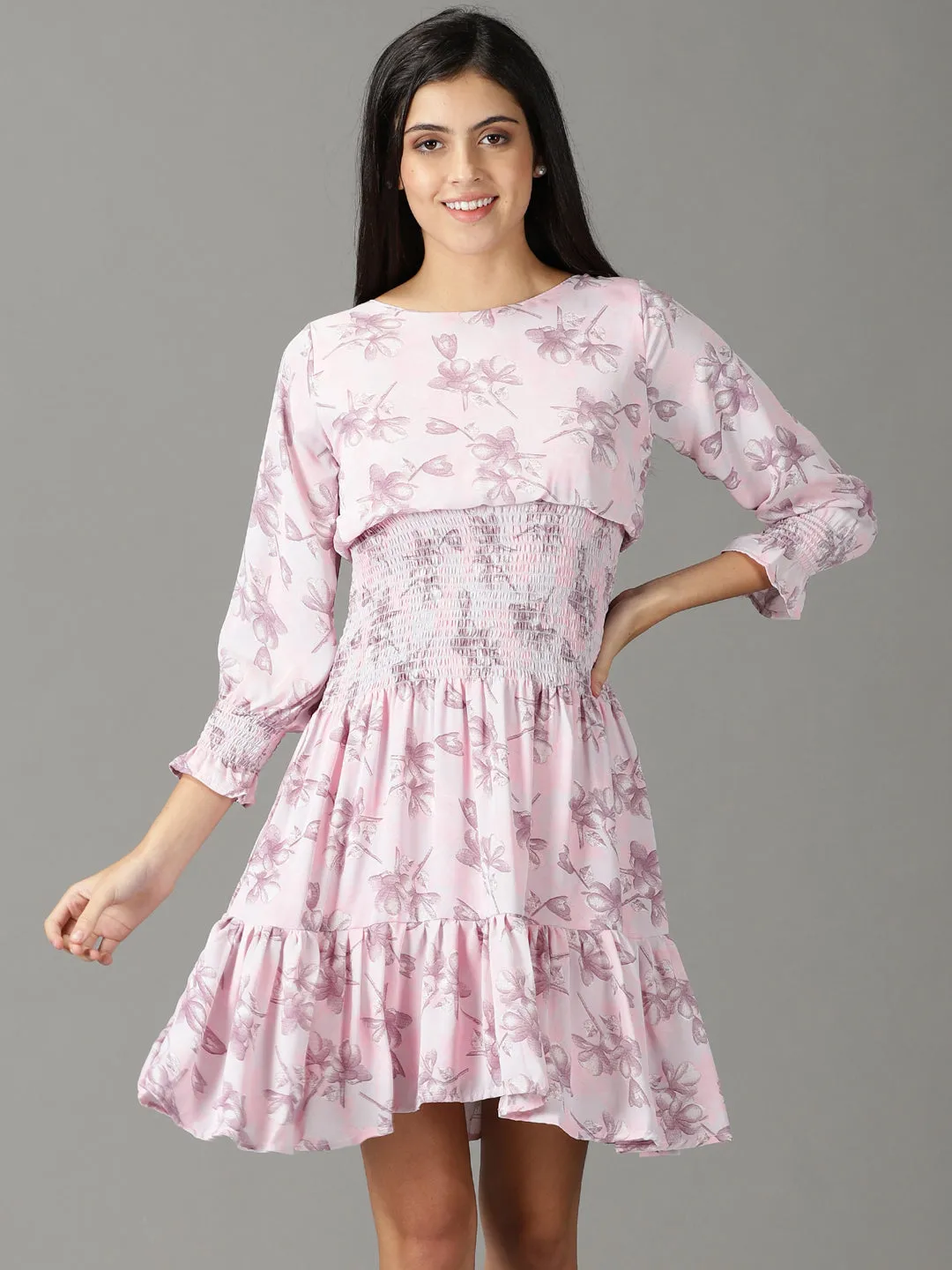 Drawstring-Closure Elegant Silhouette Women's Pink Floral Printed Fit & Flare Dress