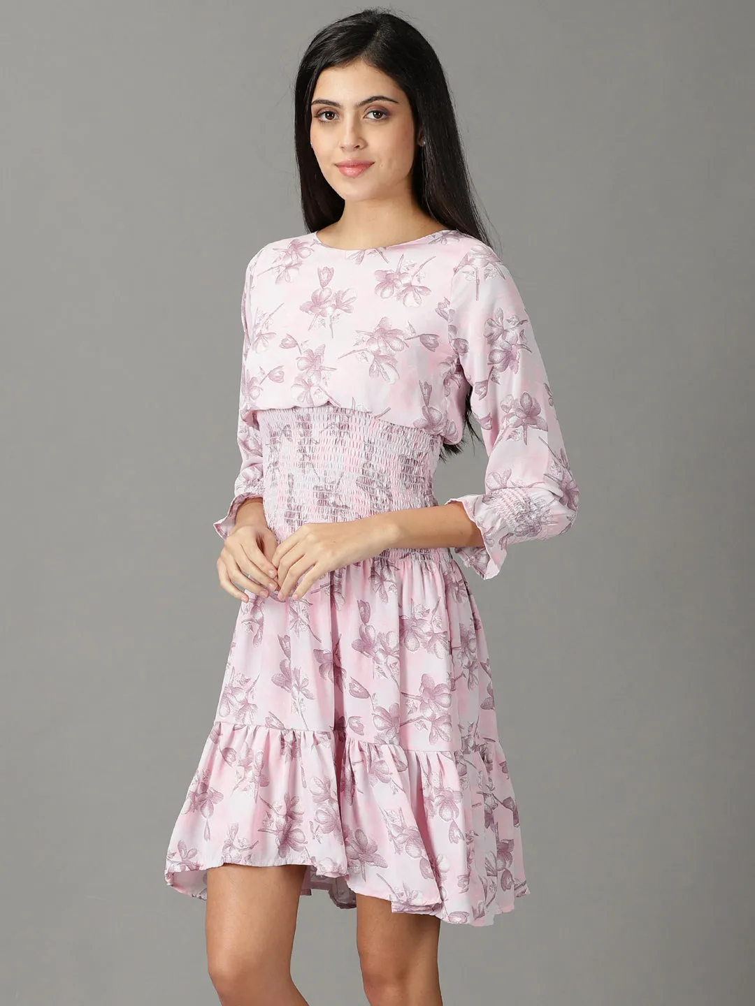 Women's Pink Floral Printed Fit & Flare Dress City Essential Light Wear