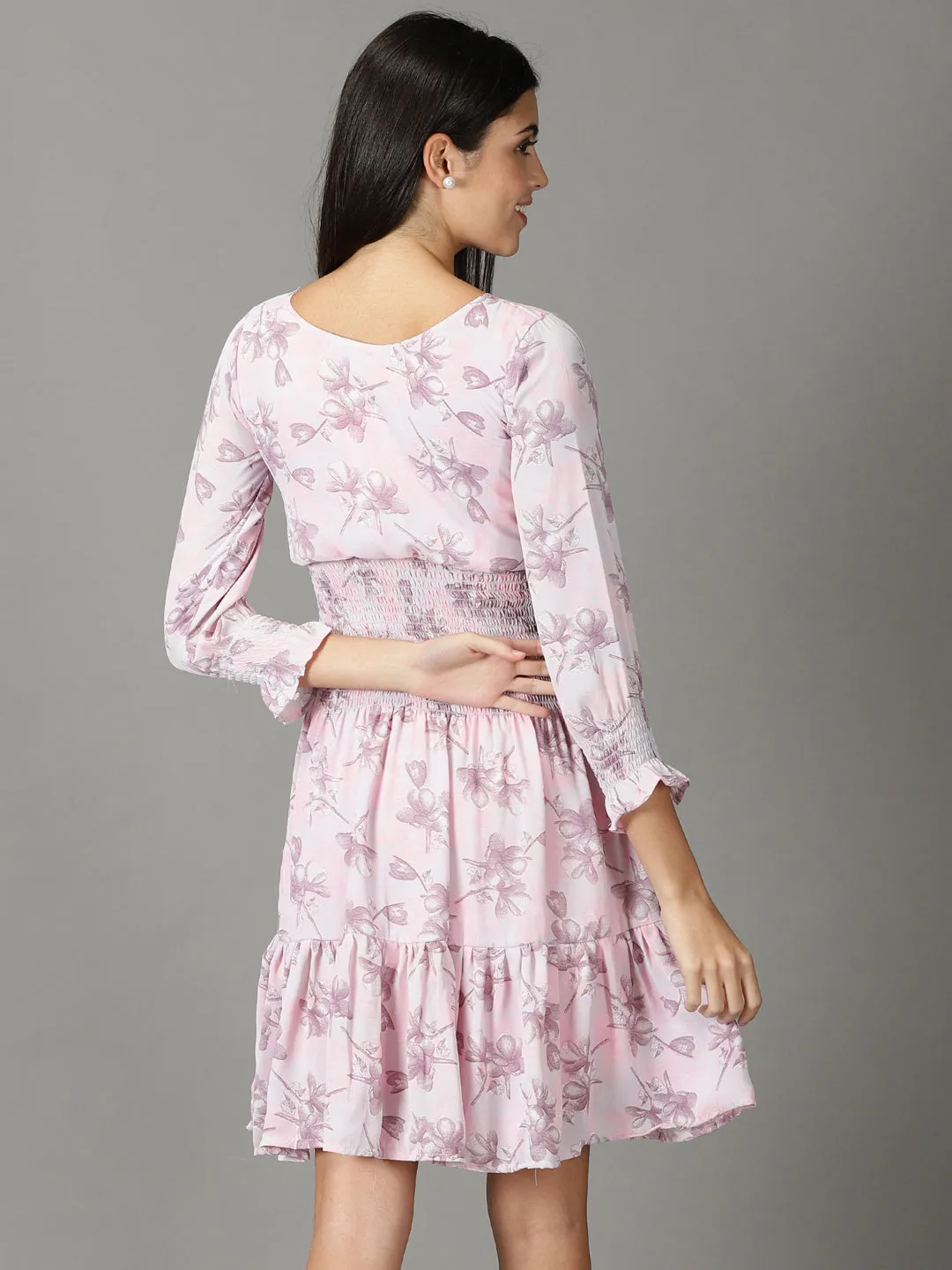 Women's Pink Floral Printed Fit & Flare Dress Lounge Mood
