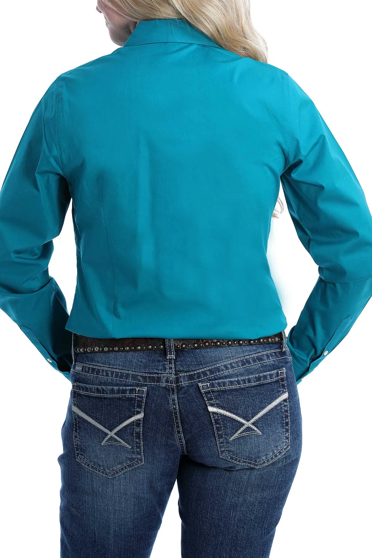 Layered Collar Cinch Women's L/S Solid Teal Western Button Down Shirt