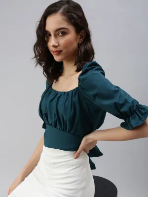 Women's Green Crepe Crop Top Casual Mode