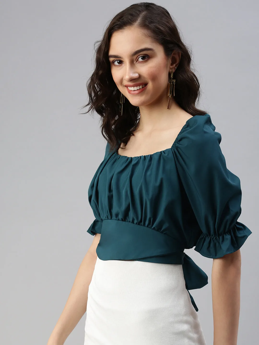 Women's Green Crepe Crop Top Everyday Look Wear