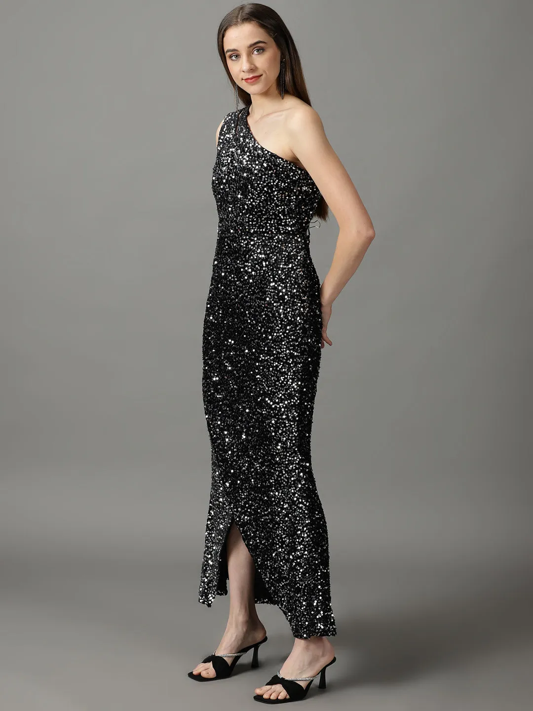Women's Black Embellished One Shoulder Net Maxi Dress Cool Structure