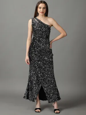 Women's Black Embellished One Shoulder Net Maxi Dress Boxy-Style Curve Friendly