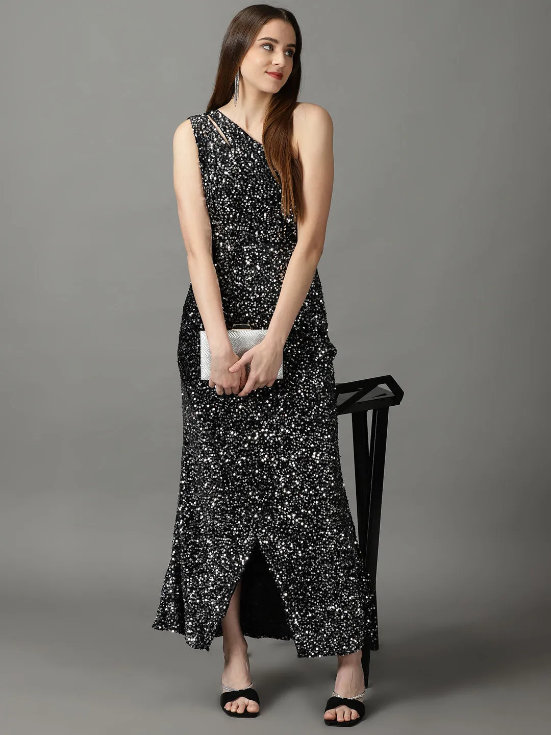 Polite Tone Women's Black Embellished One Shoulder Net Maxi Dress